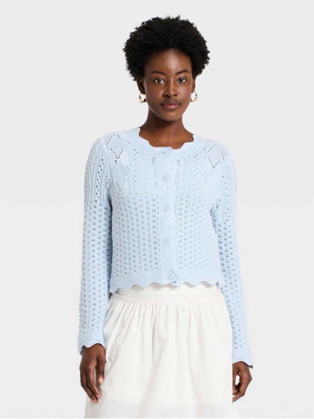 Blue Western Scalloped Hem Knit Cardigan